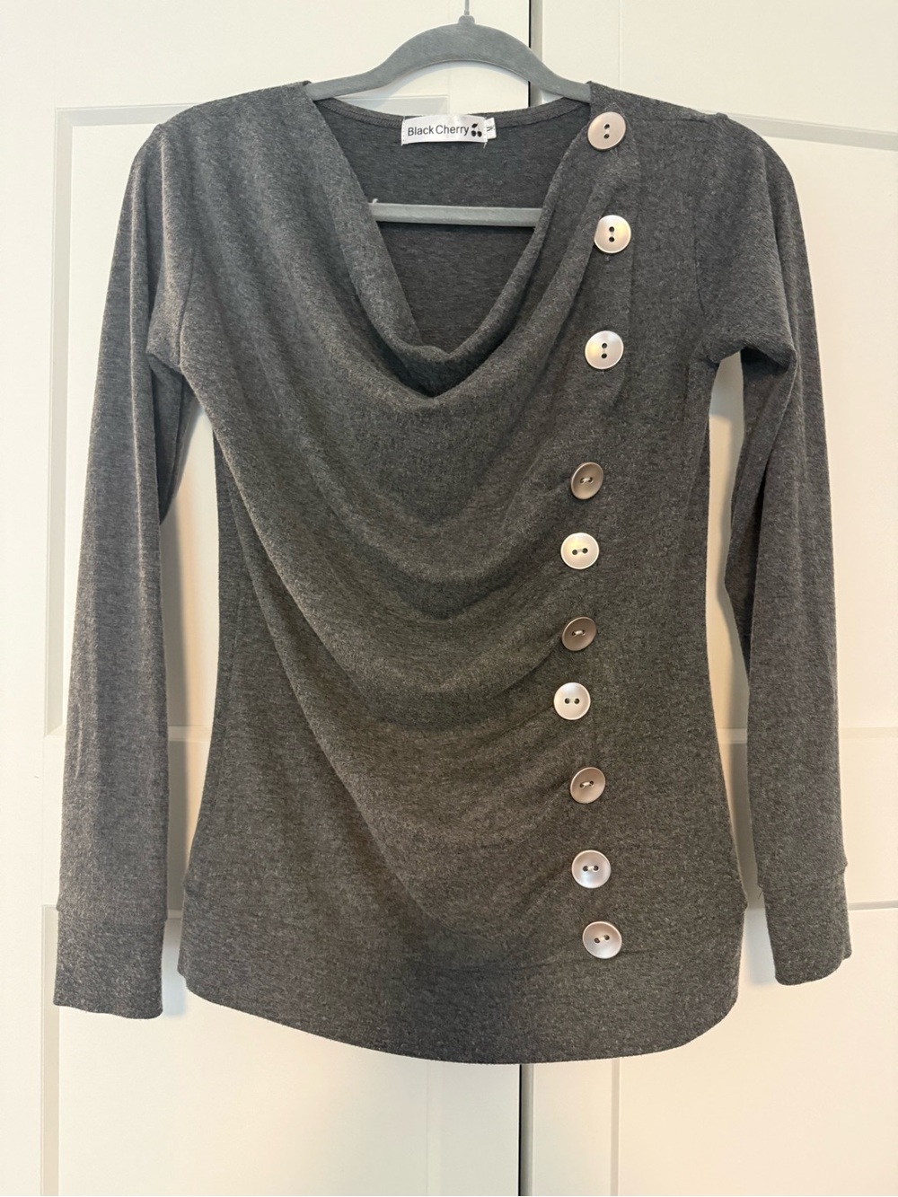 BlackCherry Gray Draped Long Sleeve Top with Button Detail